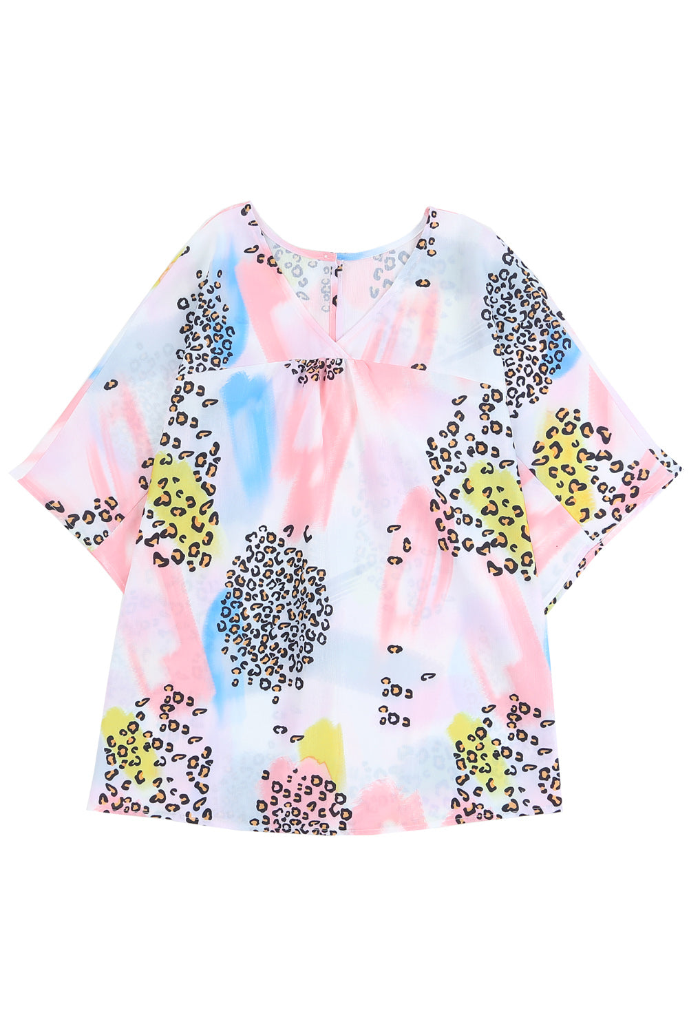 A vibrant Watercolor Print Loose Top featuring an oversized fit, v-neck design, and colorful animal print details, perfect for summer wear.