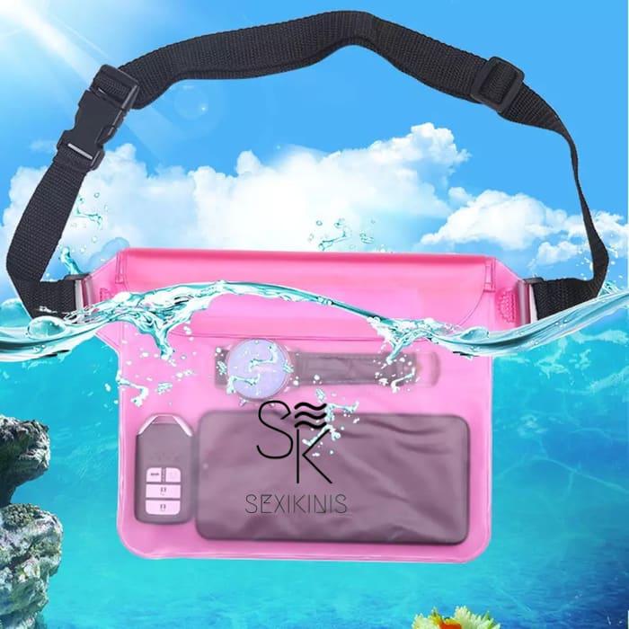 A waterproof fanny pack beach bag designed for swimming, featuring a sleek design and triple seal protection.