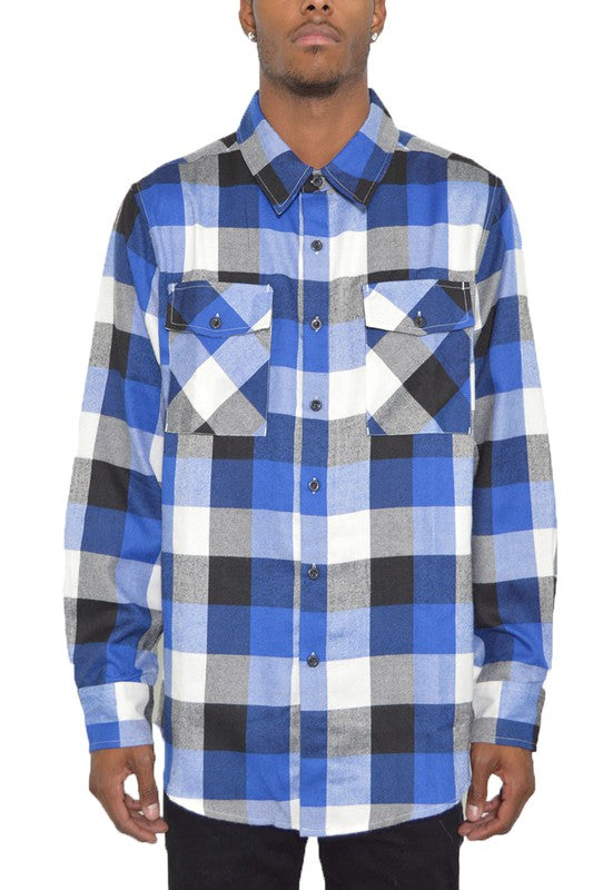 Weiv Long Sleeve Checkered Flannel shirt featuring a classic checkered pattern, chest pockets, and a curved hem design.