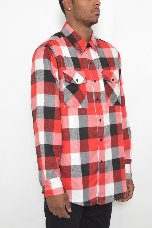 Weiv Long Sleeve Checkered Flannel shirt featuring a classic checkered pattern, chest pockets, and a curved hem design.
