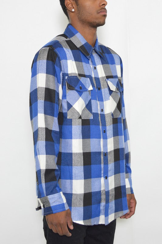 Weiv Long Sleeve Checkered Flannel shirt featuring a classic checkered pattern, chest pockets, and a curved hem design.