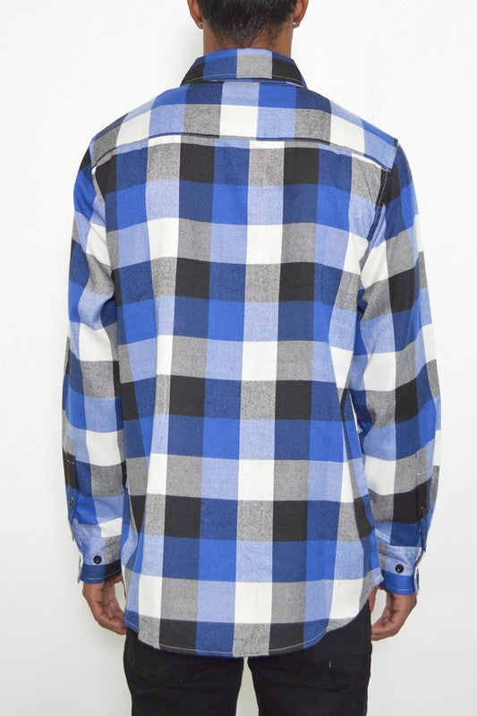 Weiv Long Sleeve Checkered Flannel shirt featuring a classic checkered pattern, chest pockets, and a curved hem design.