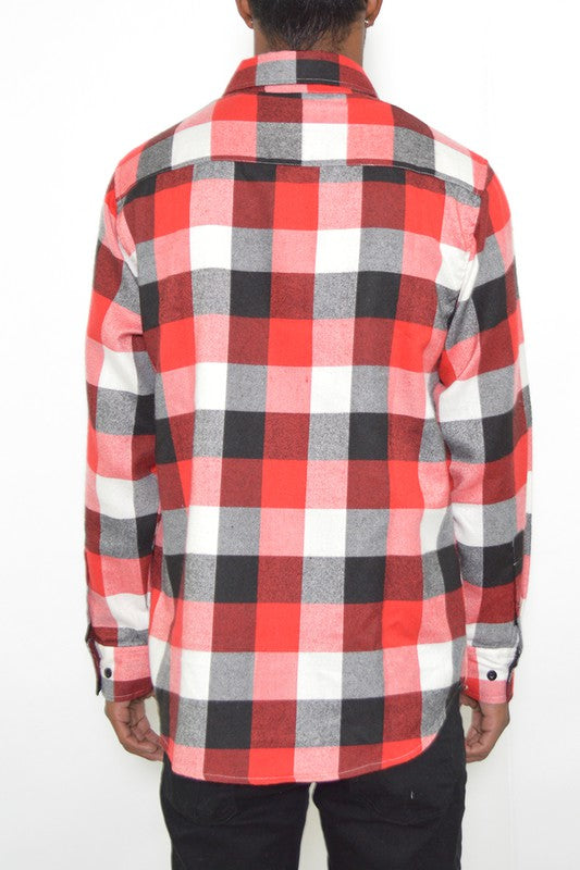 Weiv Long Sleeve Checkered Flannel shirt featuring a classic checkered pattern, chest pockets, and a curved hem design.