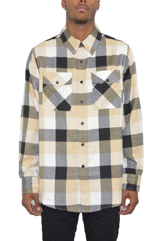 Weiv Long Sleeve Checkered Flannel shirt featuring a classic checkered pattern, chest pockets, and a curved hem design.