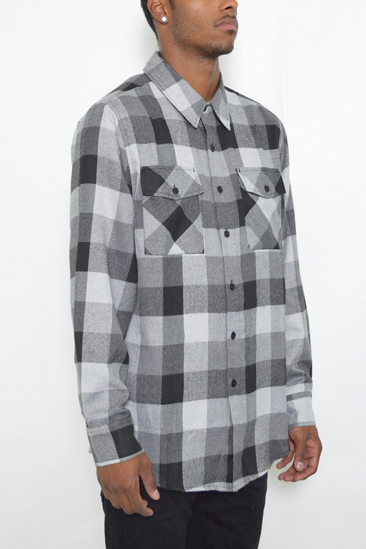 Weiv Long Sleeve Checkered Flannel shirt featuring a classic checkered pattern, chest pockets, and a curved hem design.