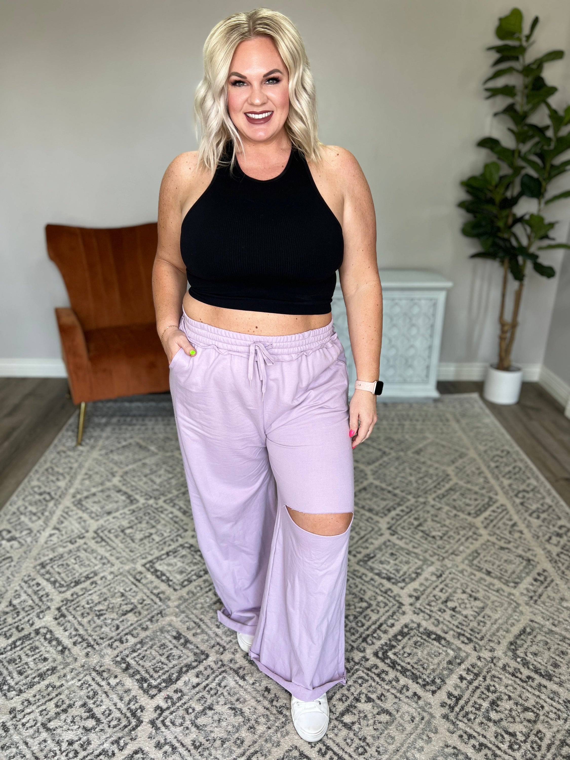 Weekend Hero Wide Leg Sweats in Dusty Lavender featuring a high rise, elastic waistband, and distressed knee details.