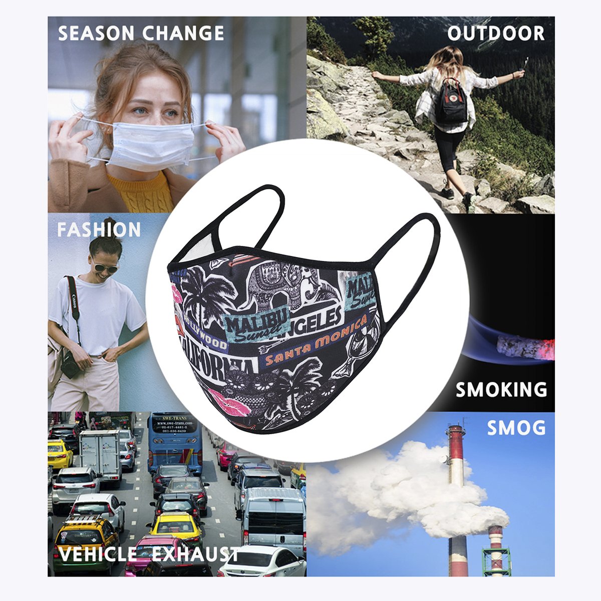 Welcome to LA 3-Layered Face Cover featuring a unique print design, made with polyester and cotton for comfort and protection.