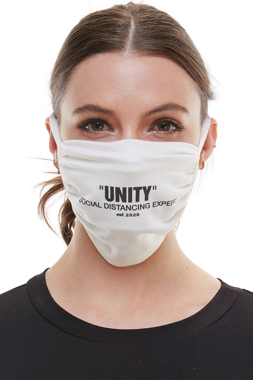 White adjustable tie face mask made of washable cotton fabric, featuring four tie-up straps and an inner pocket for filters.