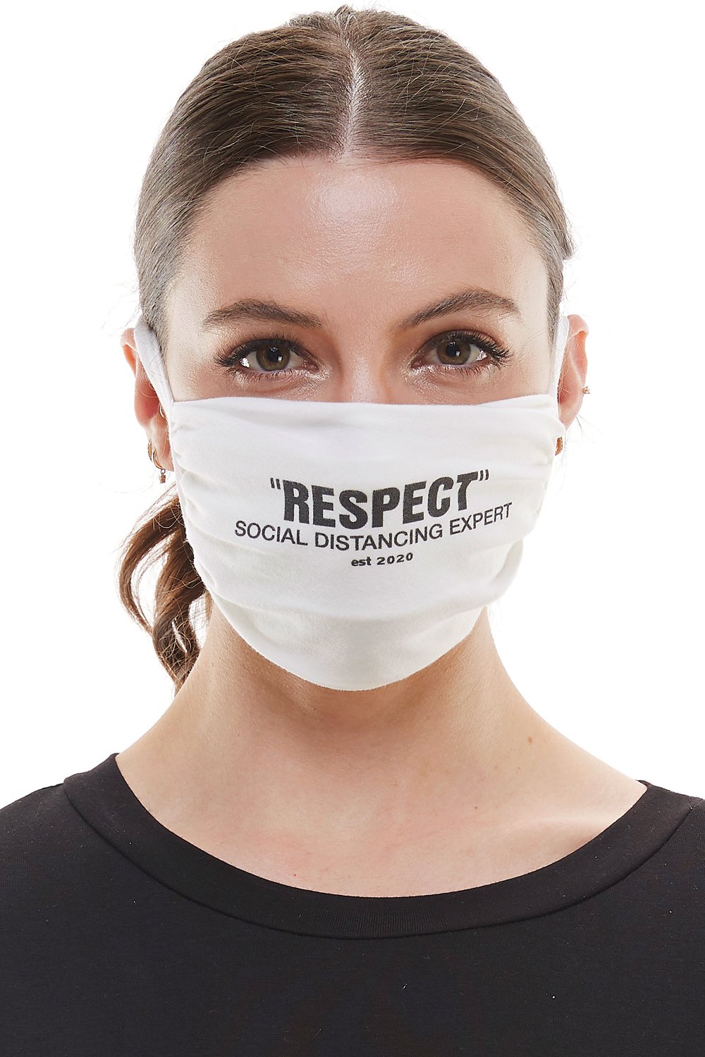 White adjustable tie face mask made of washable cotton fabric, featuring four tie-up straps and an inner pocket for filters.