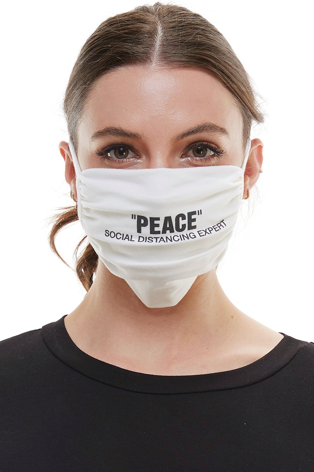 White adjustable tie face mask made of washable cotton fabric, featuring four tie-up straps and an inner pocket for filters.