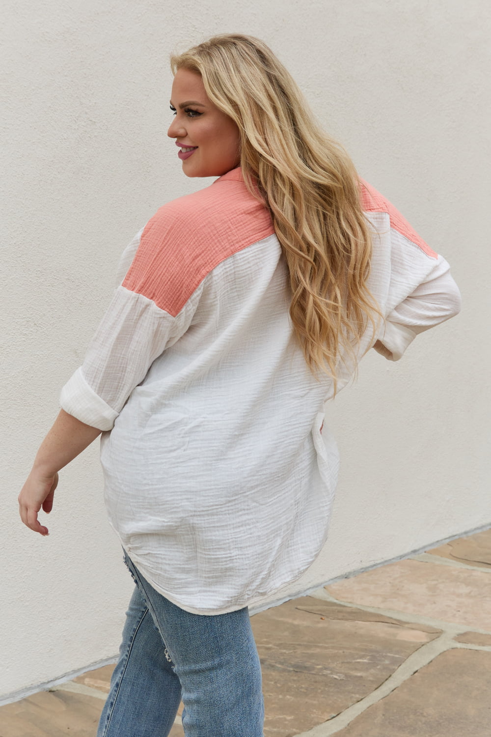 White Birch Full Size Color Block Woven Button Down Top featuring a stylish color block design with a button-down front and patch pocket.