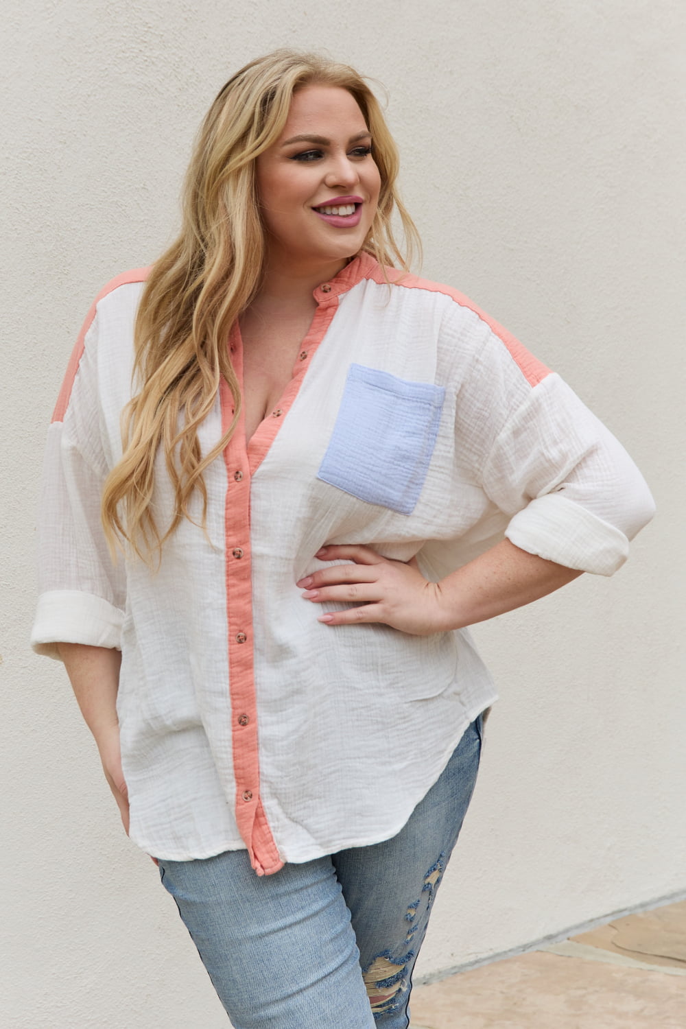 White Birch Full Size Color Block Woven Button Down Top featuring a stylish color block design with a button-down front and patch pocket.