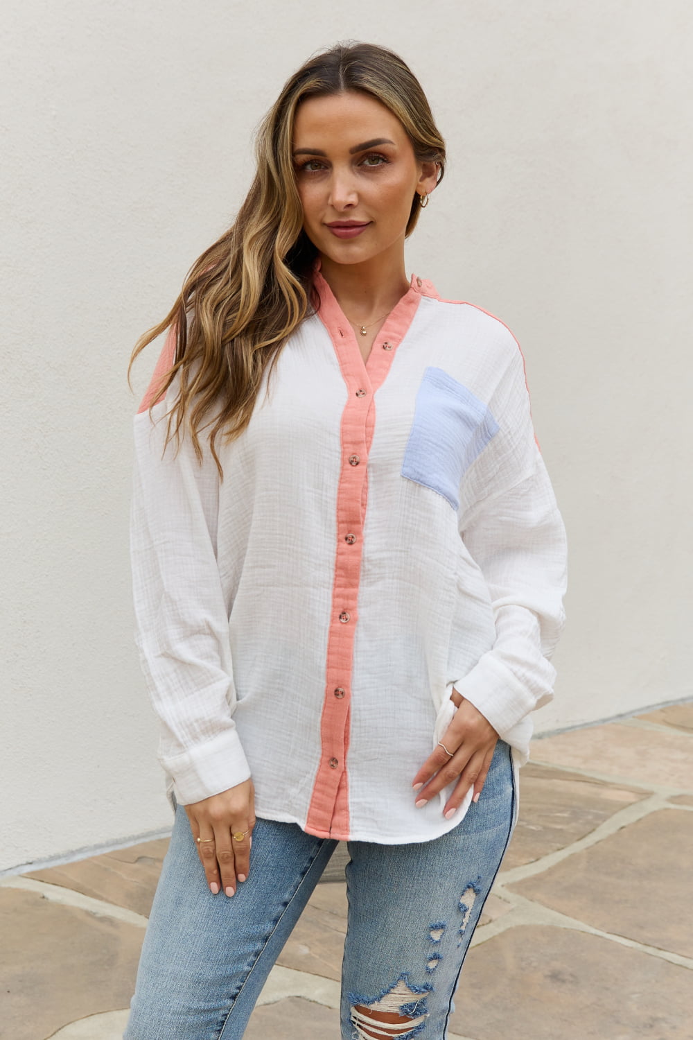 White Birch Full Size Color Block Woven Button Down Top featuring a stylish color block design with a button-down front and patch pocket.
