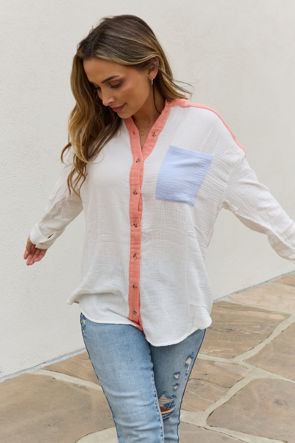 White Birch Full Size Color Block Woven Button Down Top featuring a stylish color block design with a button-down front and patch pocket.