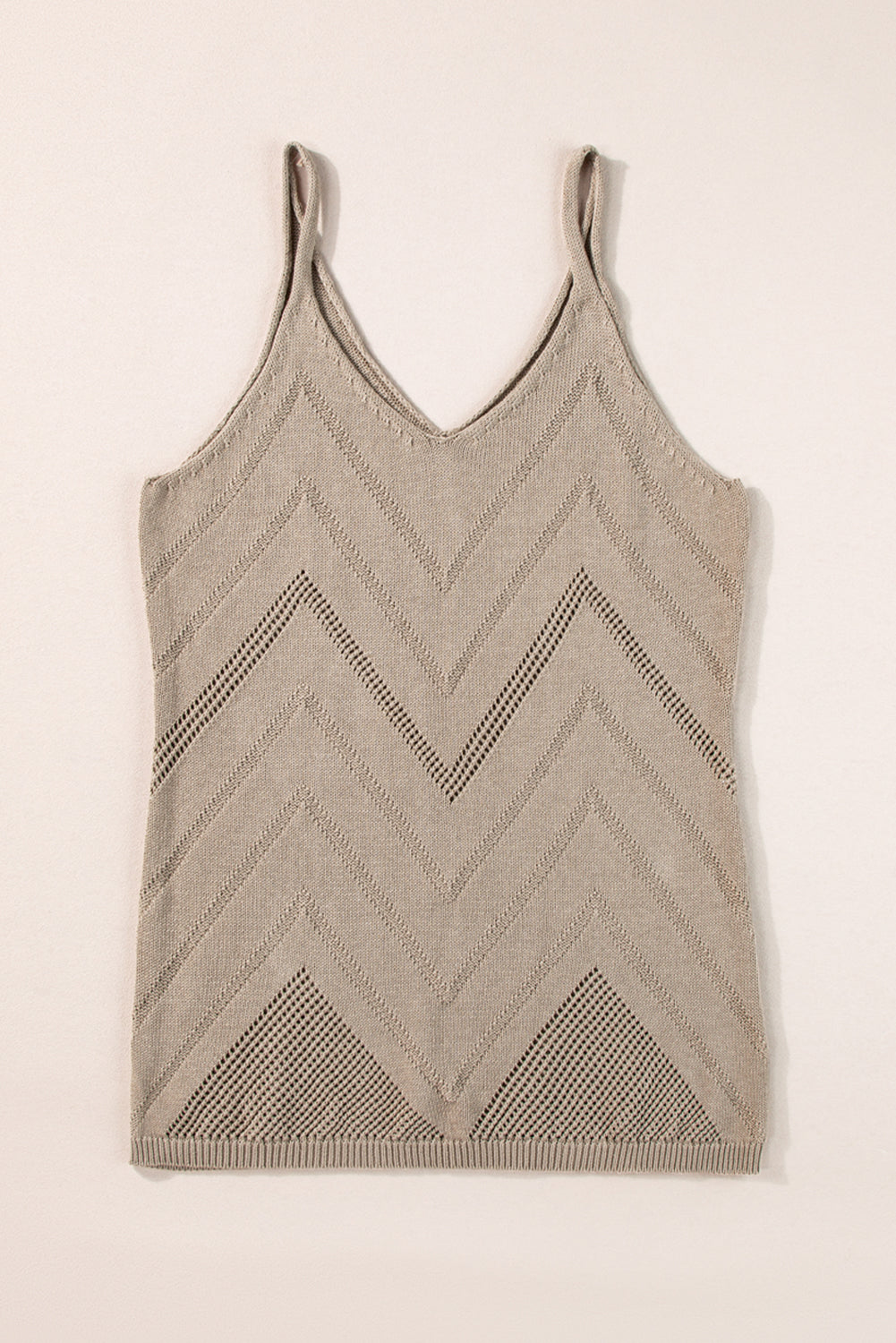 White Chevron Pointelle Knit Spaghetti Straps Sweater Vest showcasing intricate pattern and V-neck design.