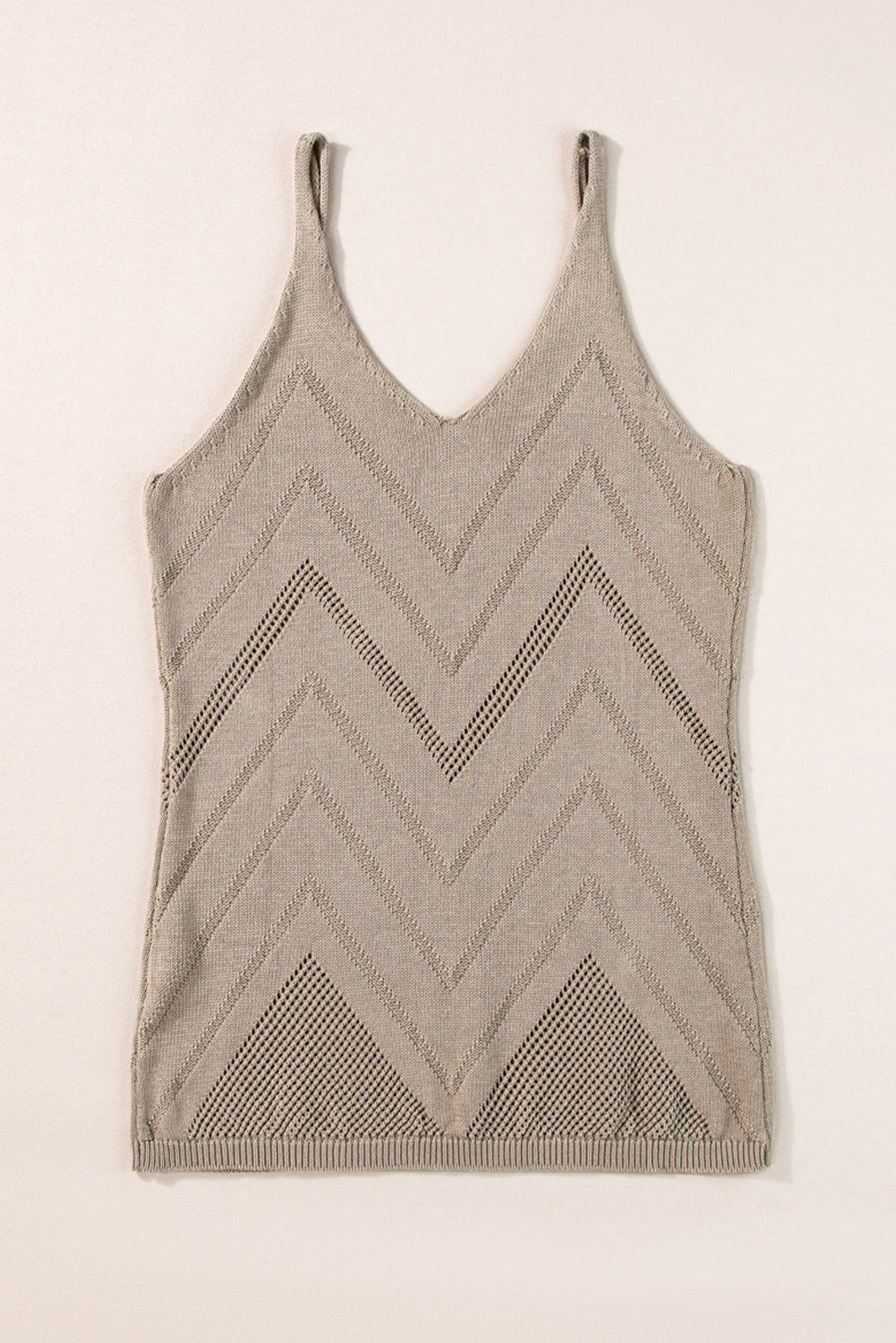 White Chevron Pointelle Knit Spaghetti Straps Sweater Vest showcasing intricate pattern and V-neck design.