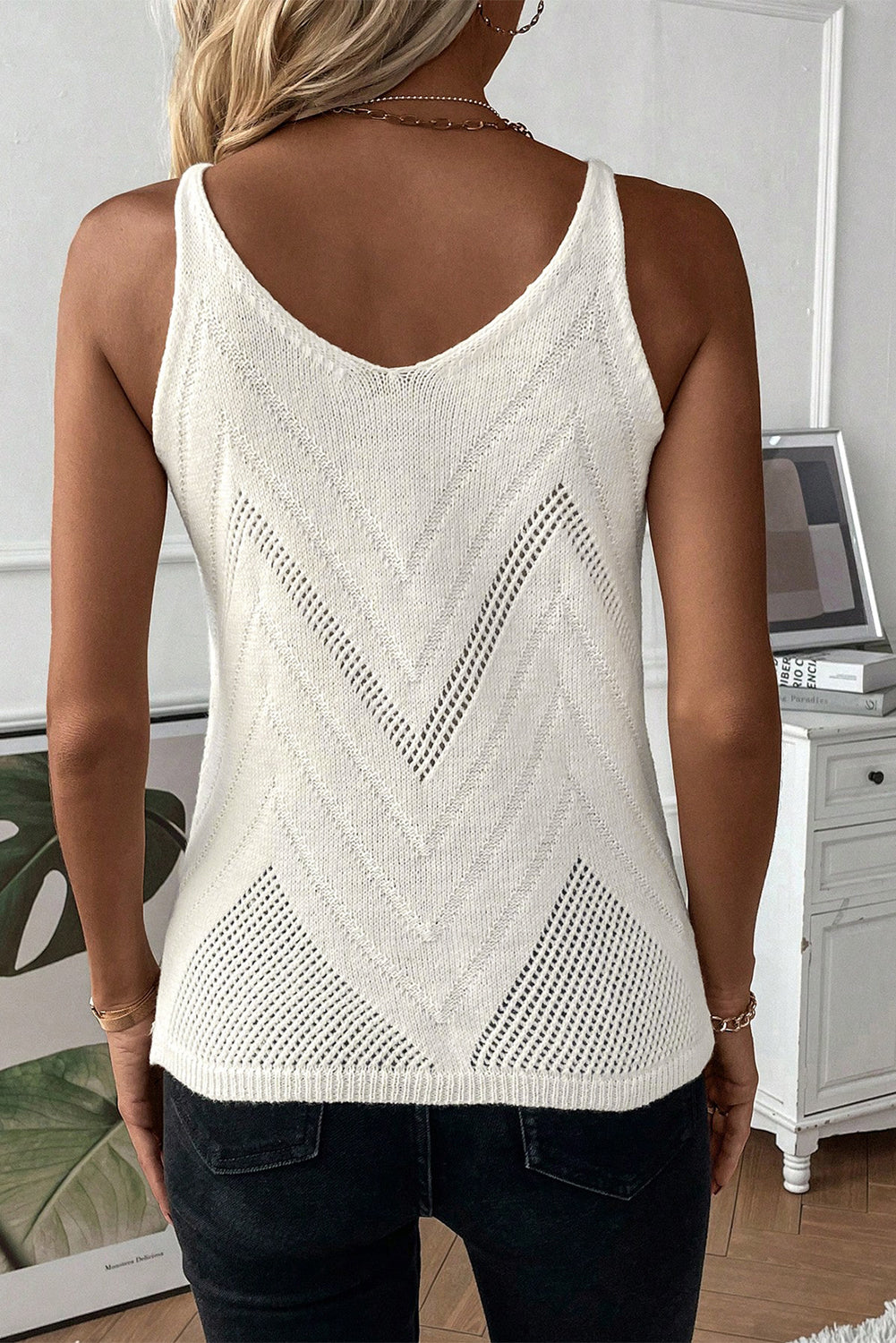 White Chevron Pointelle Knit Spaghetti Straps Sweater Vest showcasing intricate pattern and V-neck design.