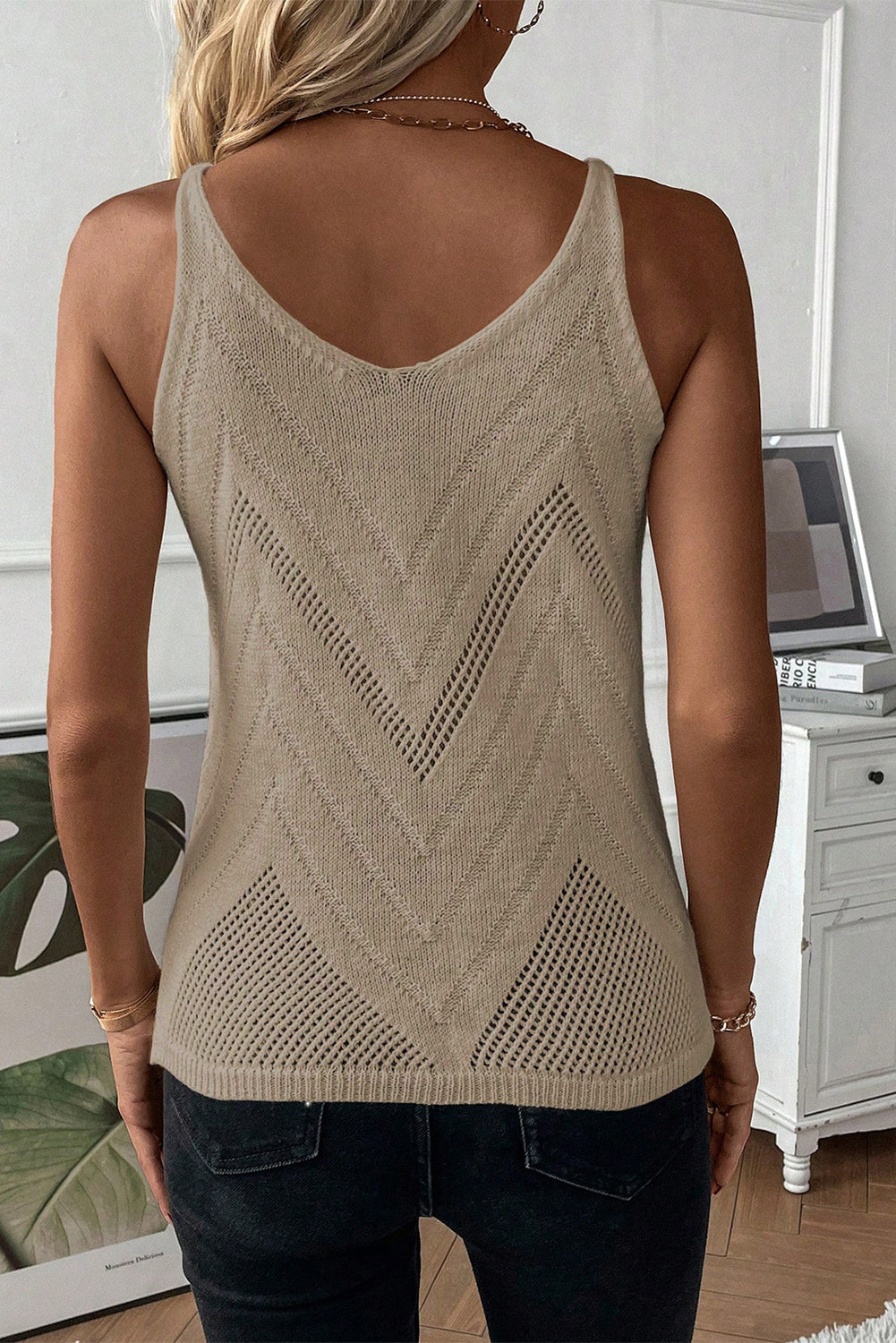 White Chevron Pointelle Knit Spaghetti Straps Sweater Vest showcasing intricate pattern and V-neck design.