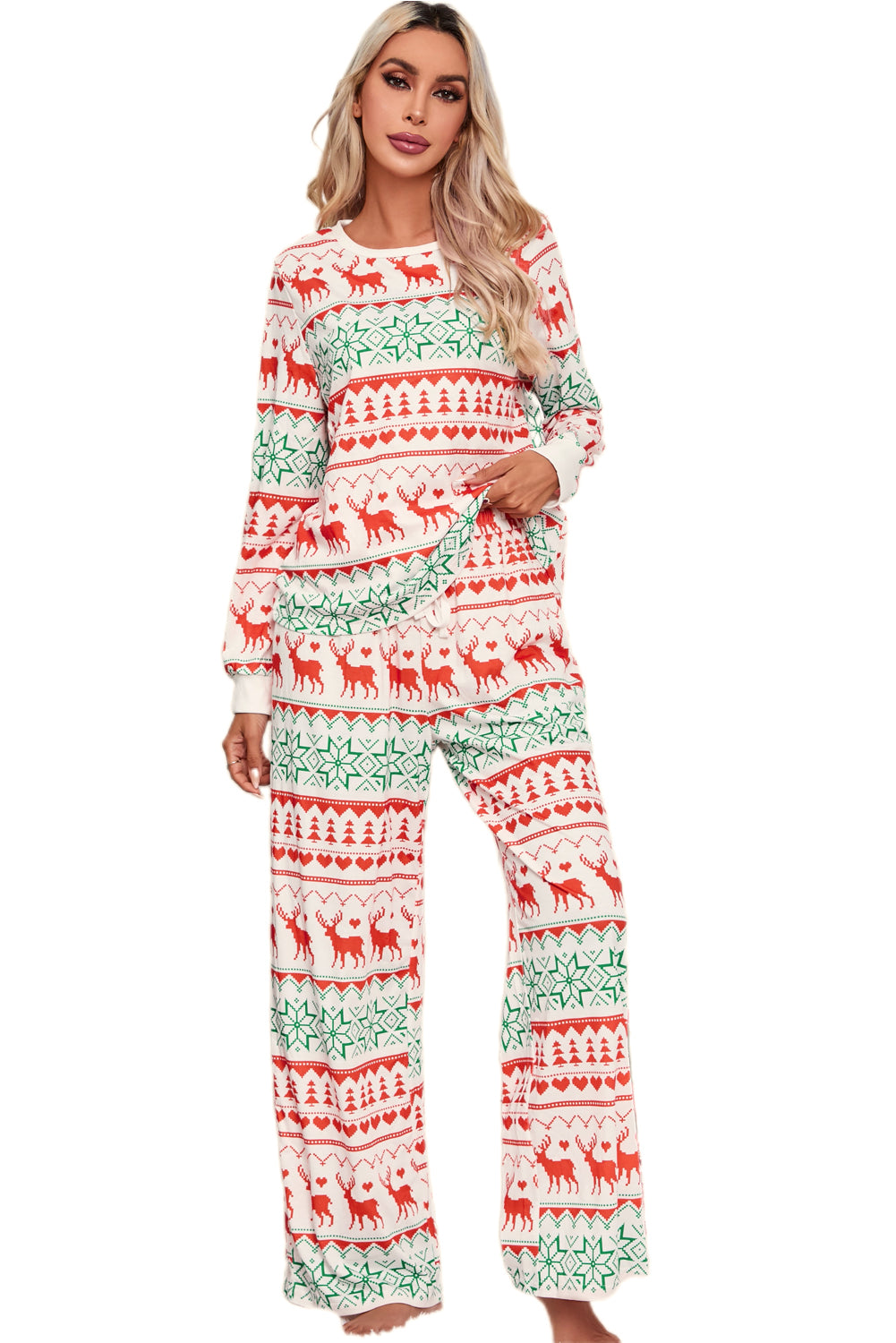 A cozy White Christmas Print Pullover and Pants Lounge Set featuring festive designs, perfect for holiday lounging.