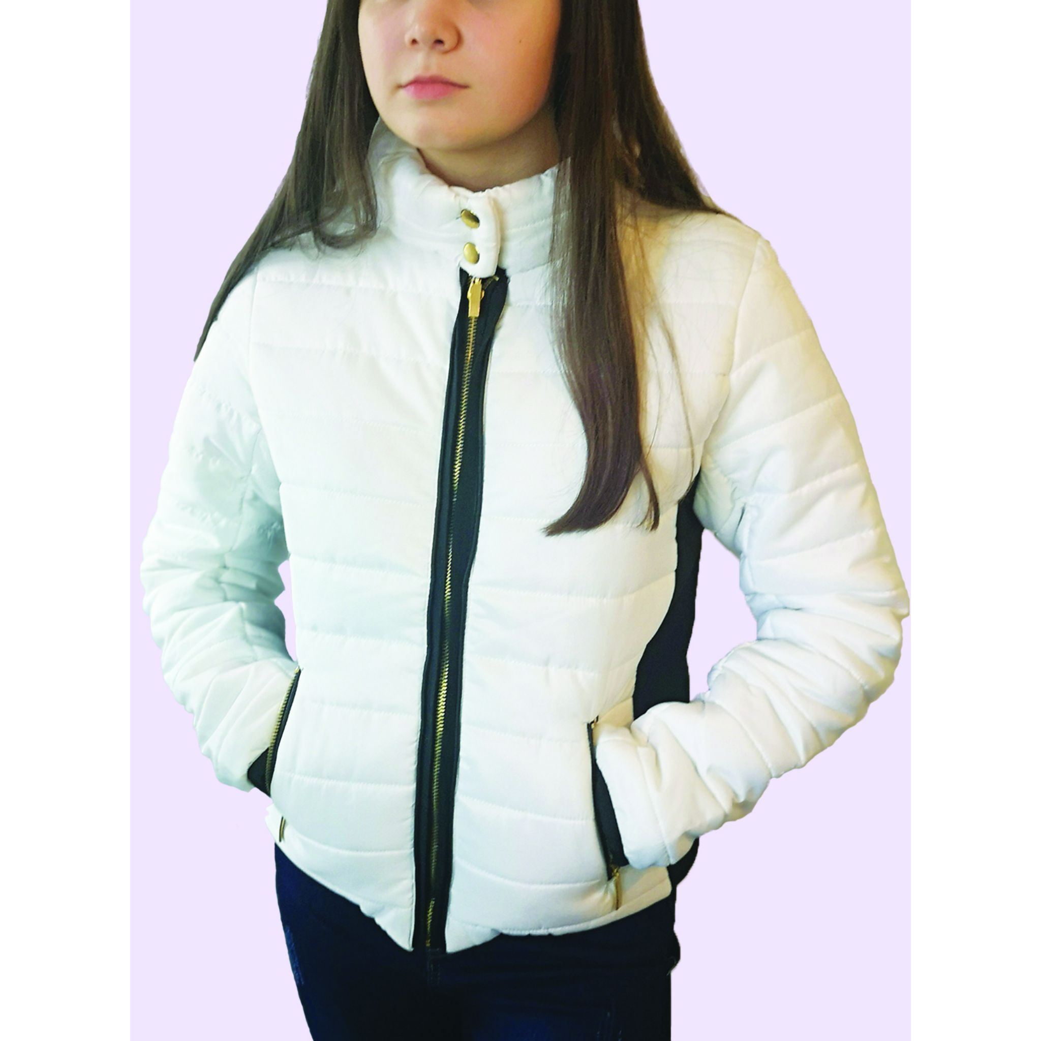 White puffer jacket with black contrast detailing, showcasing a stylish and modern design.