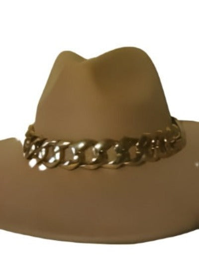 A stylish wide brim wool ranger hat featuring a gold chain accent, perfect for outdoor adventures.