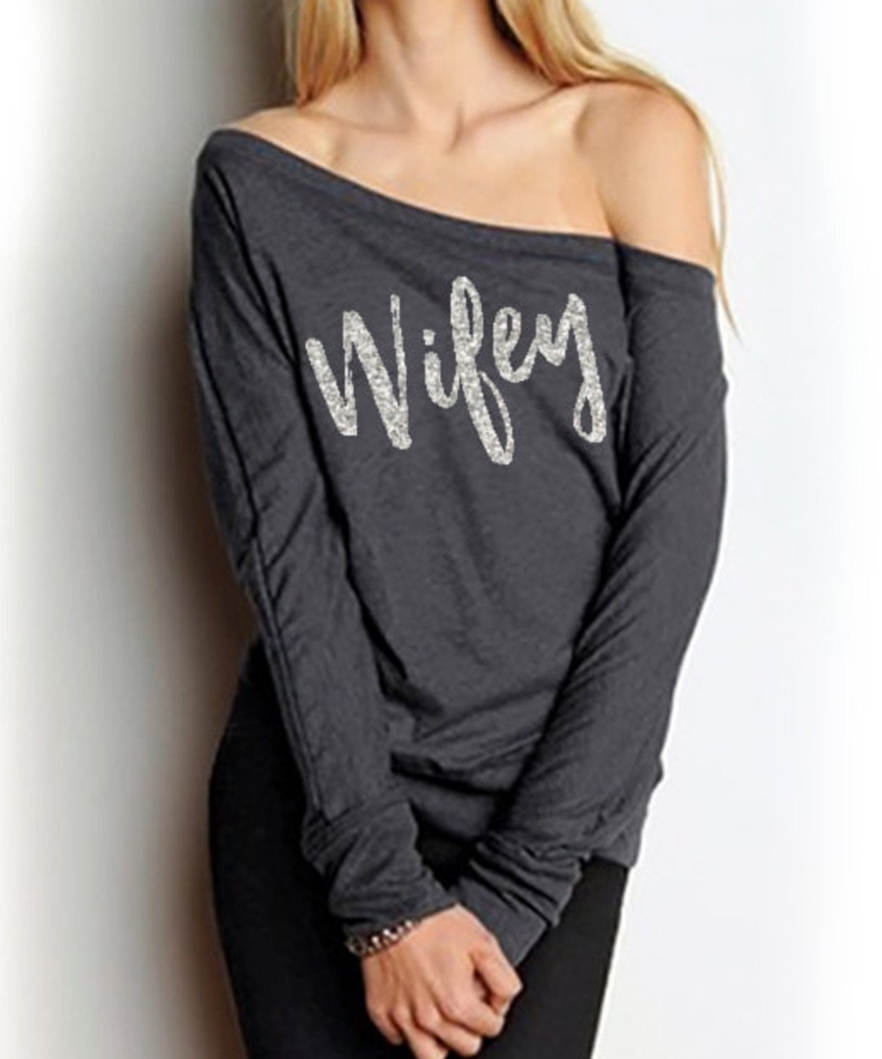 WIFEY Silver Glitter Off-Shoulder Sweater in Heather Gray, featuring a stylish off-shoulder design and shimmering glitter print.
