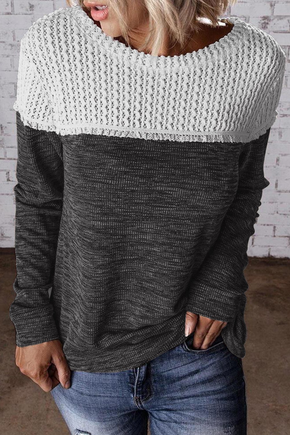 Wine Colorblock Crochet Hollow Out Long Sleeve Top featuring stylish crochet details and ribbed knit fabric, perfect for casual or dressy occasions.