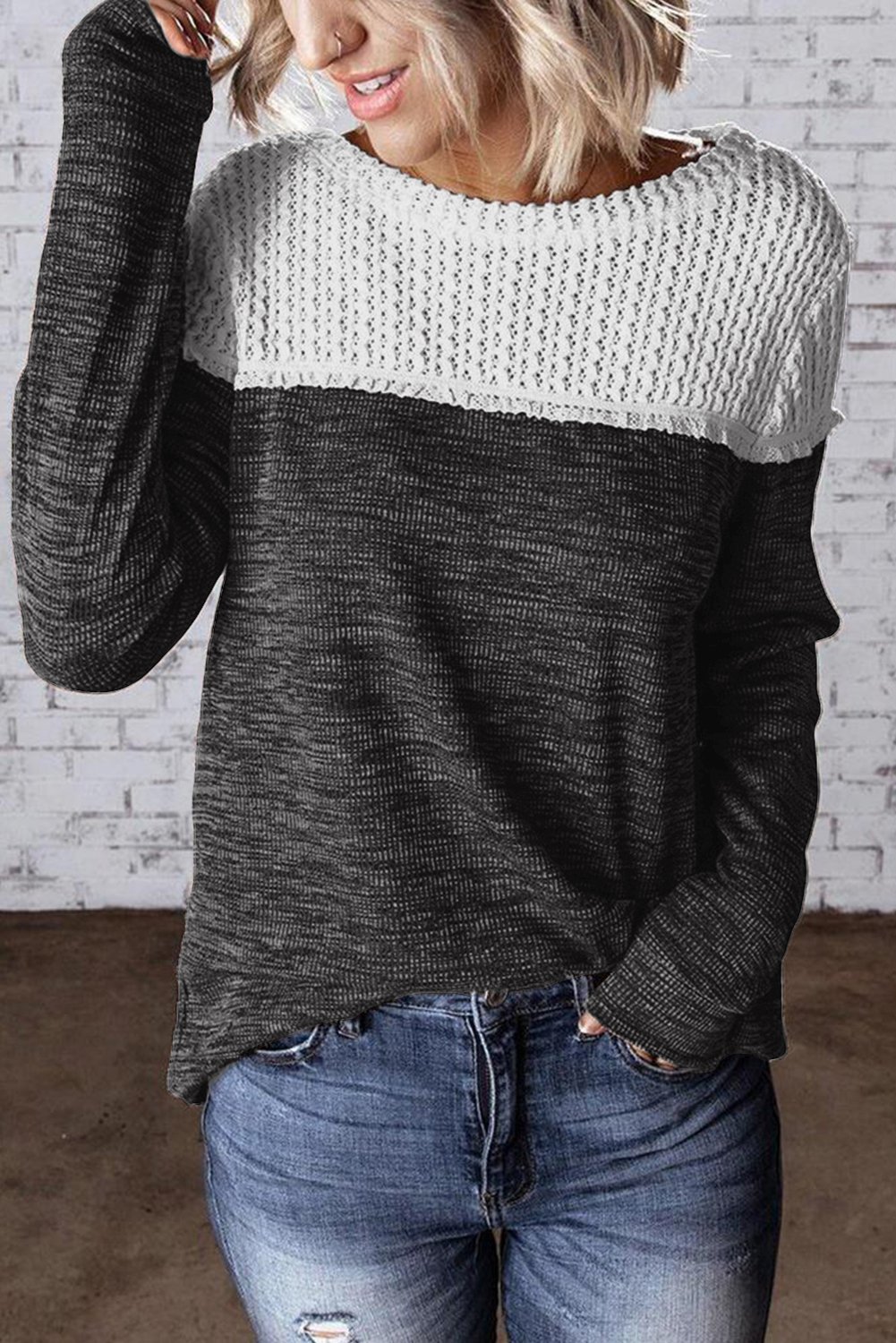 Wine Colorblock Crochet Hollow Out Long Sleeve Top featuring stylish crochet details and ribbed knit fabric, perfect for casual or dressy occasions.