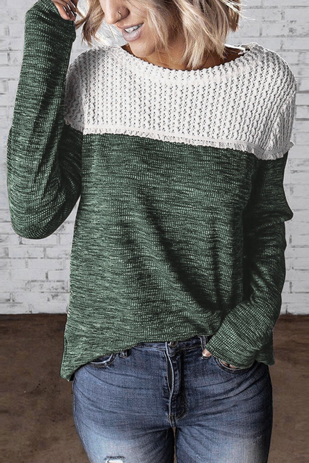 Wine Colorblock Crochet Hollow Out Long Sleeve Top featuring stylish crochet details and ribbed knit fabric, perfect for casual or dressy occasions.