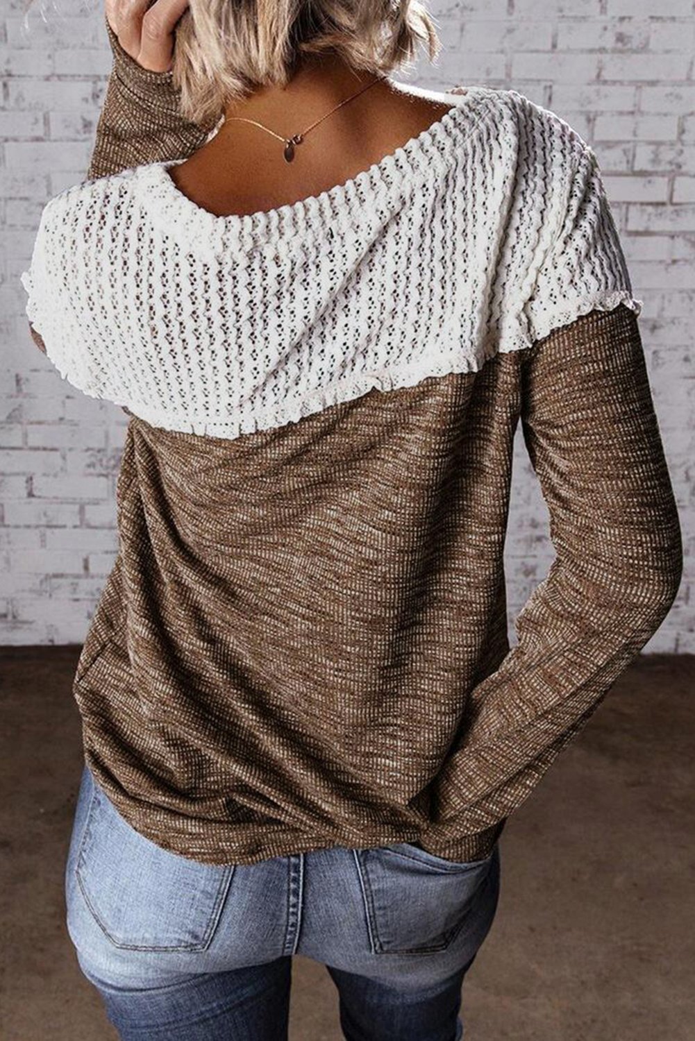 Wine Colorblock Crochet Hollow Out Long Sleeve Top featuring stylish crochet details and ribbed knit fabric, perfect for casual or dressy occasions.