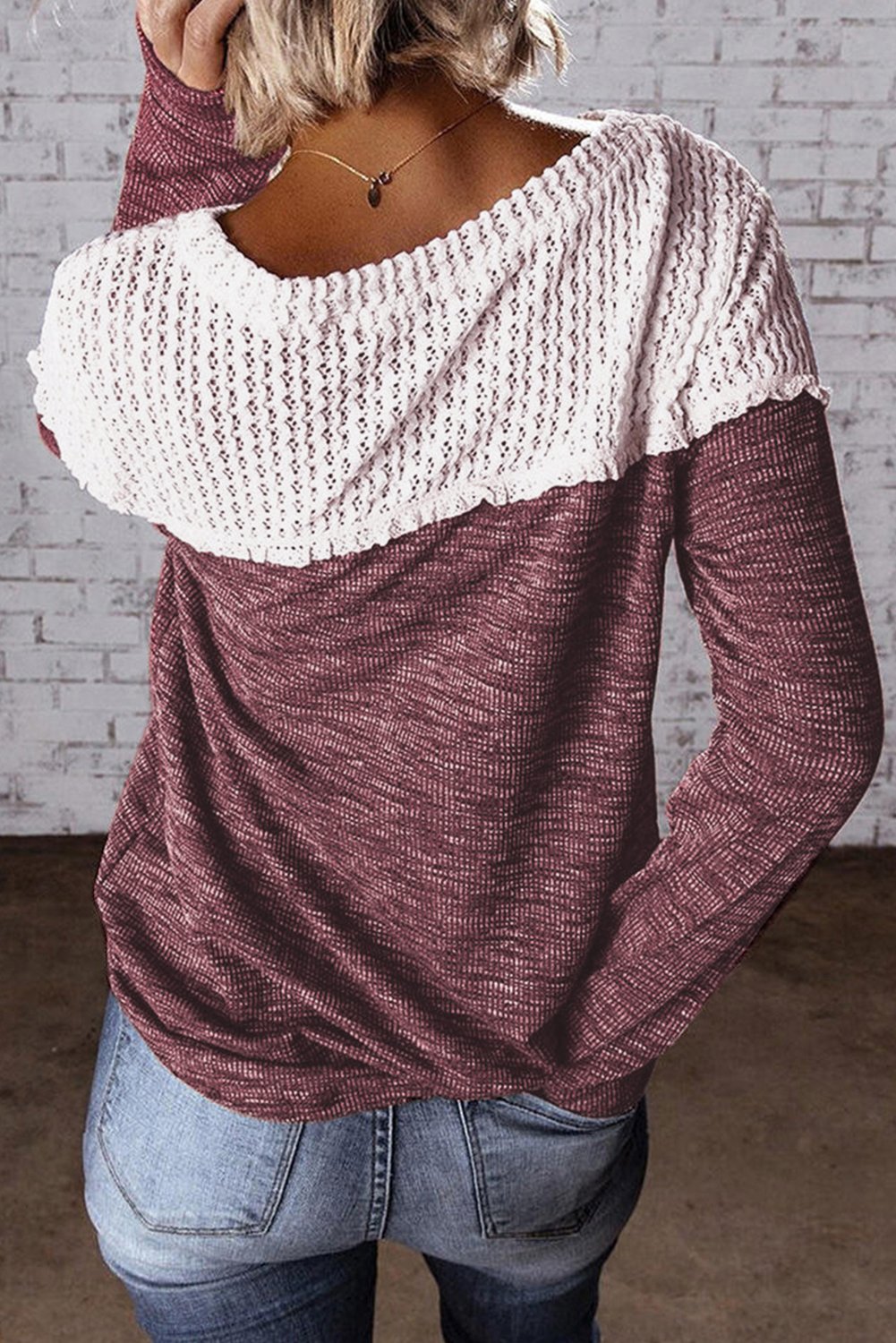 Wine Colorblock Crochet Hollow Out Long Sleeve Top featuring stylish crochet details and ribbed knit fabric, perfect for casual or dressy occasions.