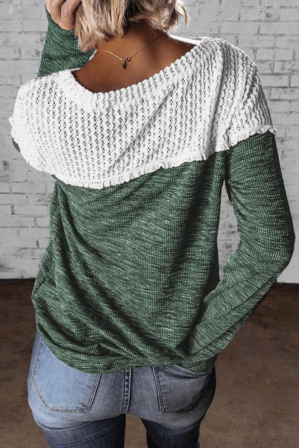 Wine Colorblock Crochet Hollow Out Long Sleeve Top featuring stylish crochet details and ribbed knit fabric, perfect for casual or dressy occasions.