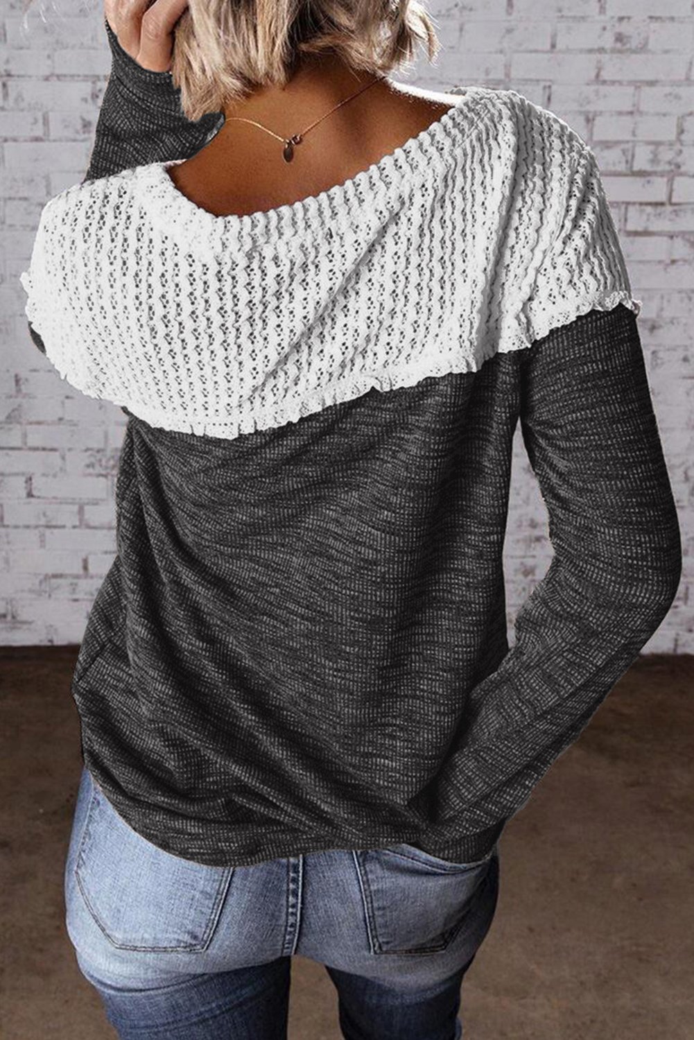 Wine Colorblock Crochet Hollow Out Long Sleeve Top featuring stylish crochet details and ribbed knit fabric, perfect for casual or dressy occasions.