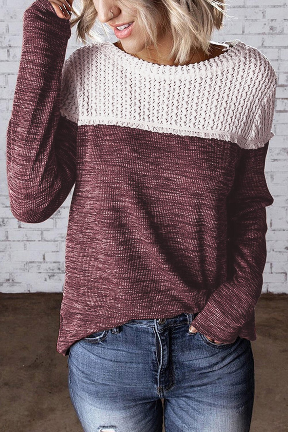 Wine Colorblock Crochet Hollow Out Long Sleeve Top featuring stylish crochet details and ribbed knit fabric, perfect for casual or dressy occasions.