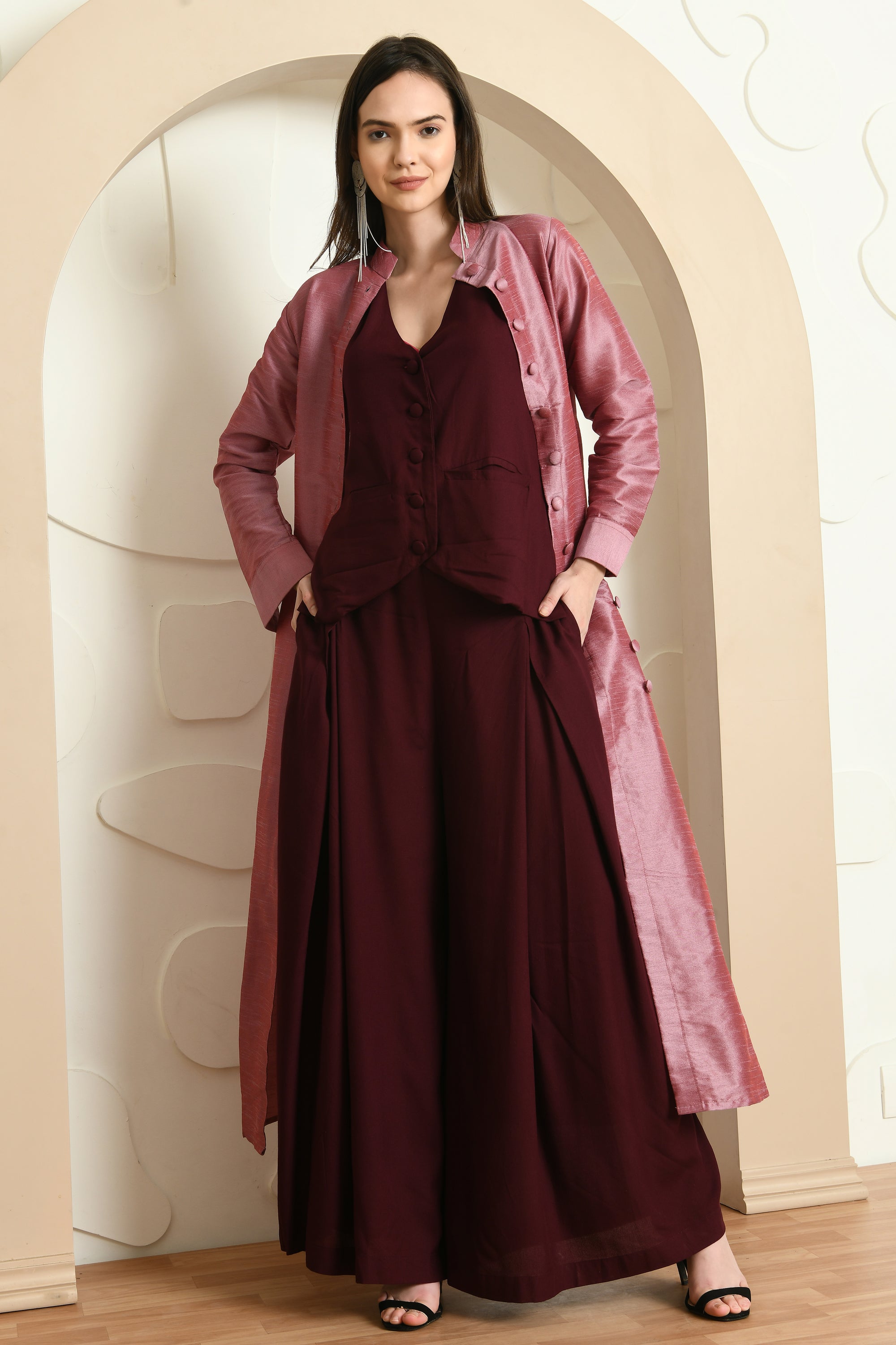 Elegant wine jacket with coat style top and palazzo, showcasing a sophisticated design suitable for semi-formal occasions.