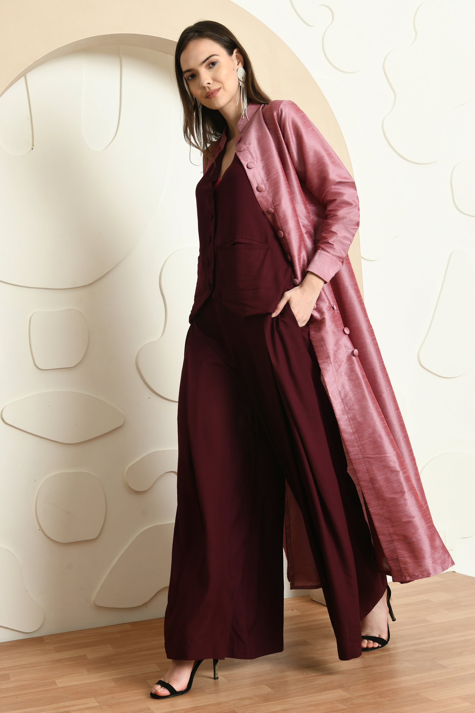 Elegant wine jacket with coat style top and palazzo, showcasing a sophisticated design suitable for semi-formal occasions.