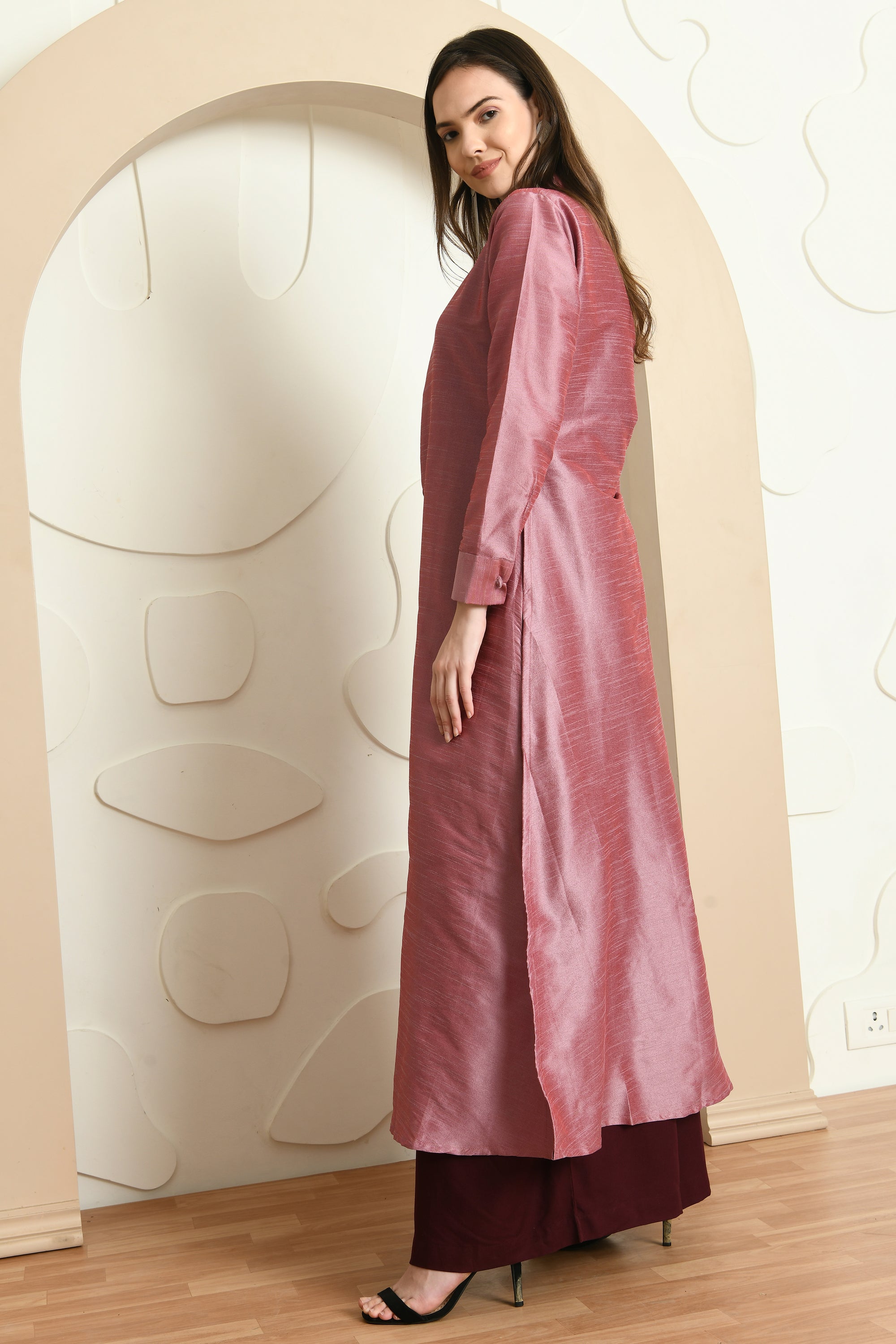 Elegant wine jacket with coat style top and palazzo, showcasing a sophisticated design suitable for semi-formal occasions.