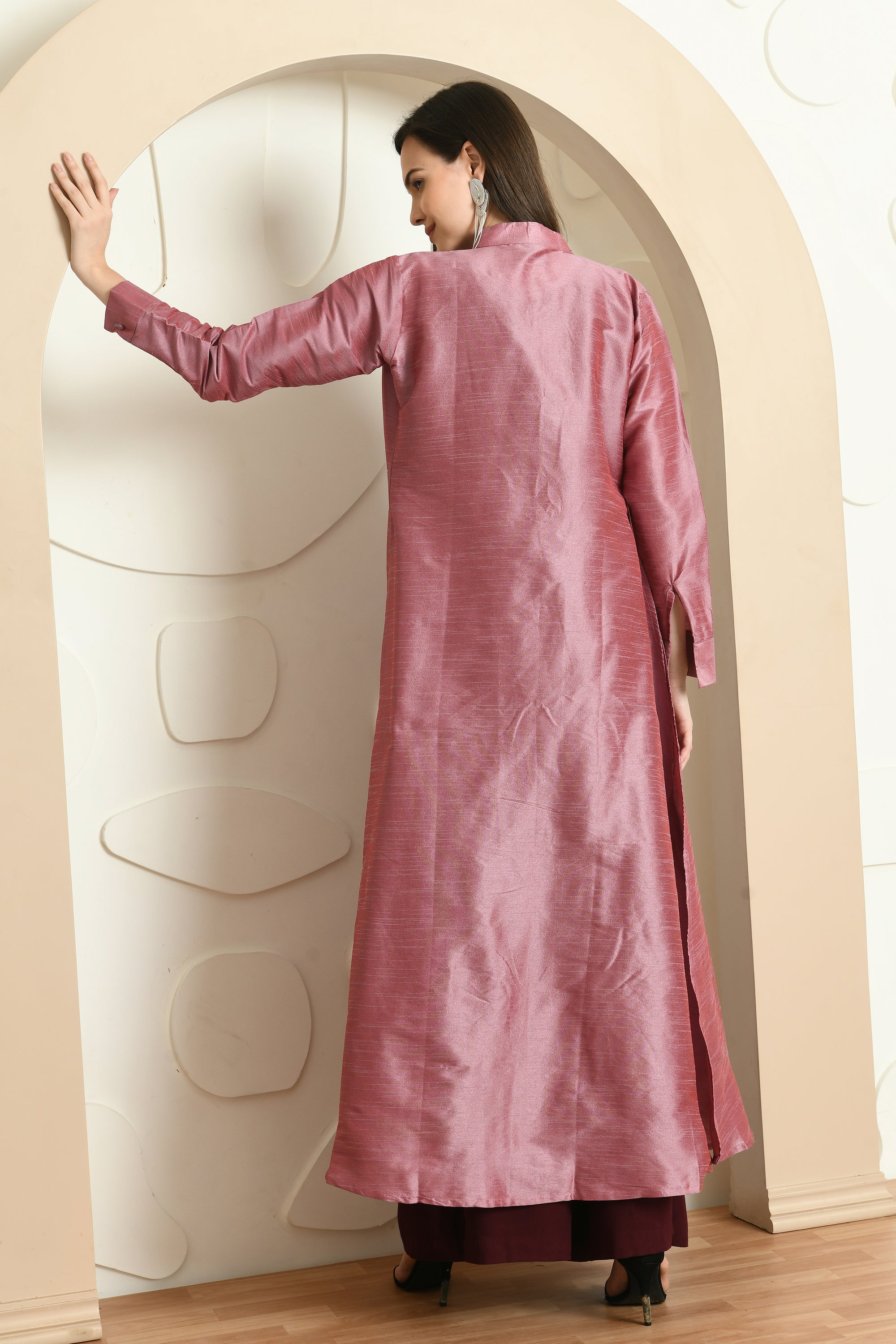 Elegant wine jacket with coat style top and palazzo, showcasing a sophisticated design suitable for semi-formal occasions.