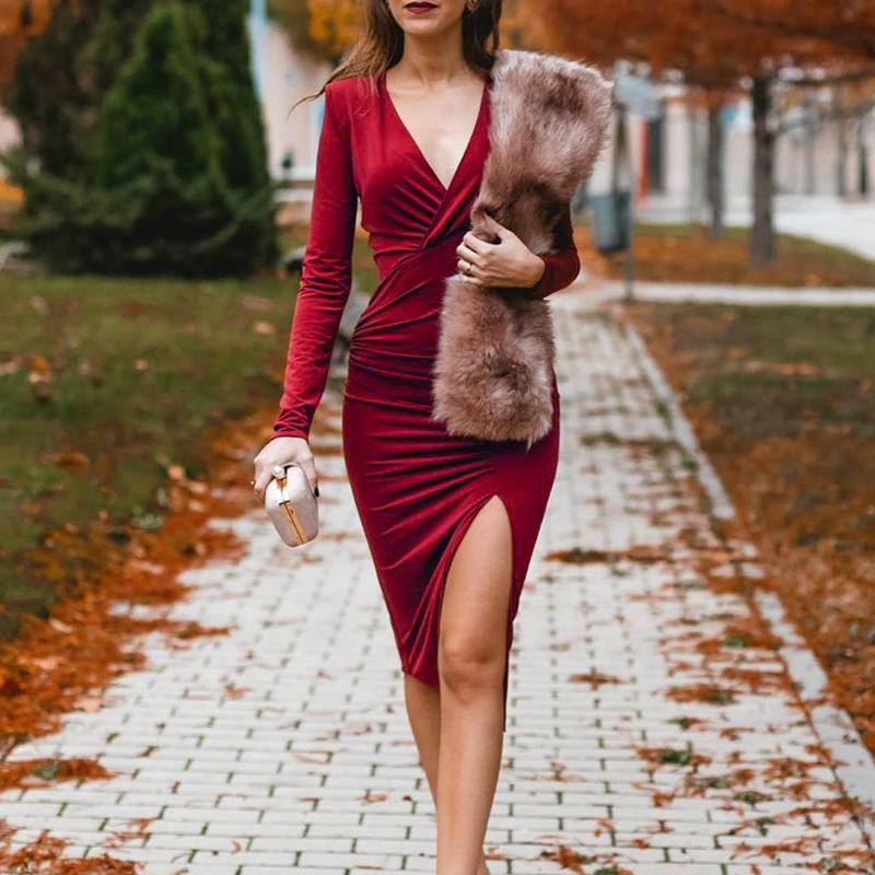 long sleeve red pencil dress red pencil dress Red Glitter Velvet Knee-Length Pencil Dress With Three-Quarter Sleeves