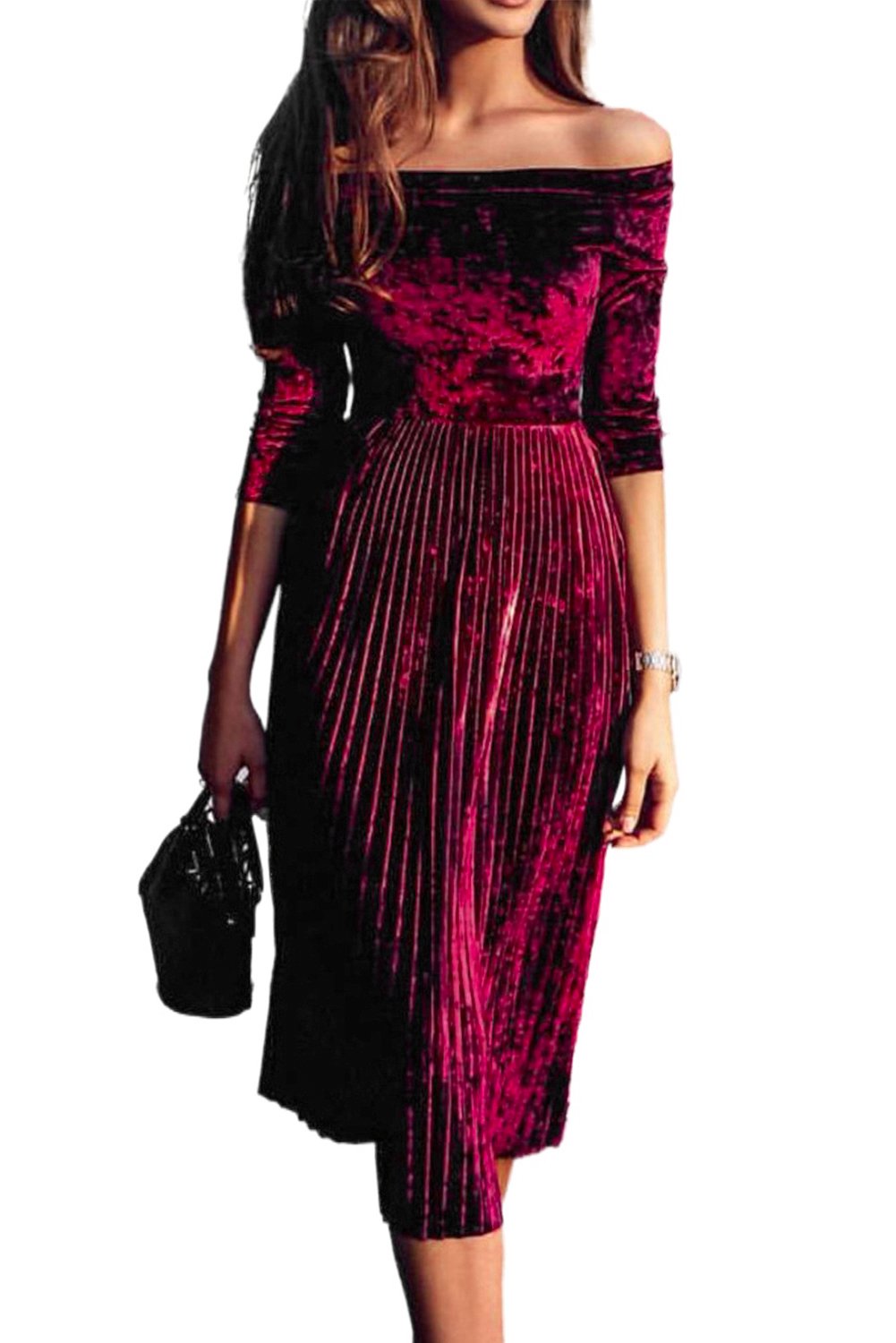 Elegant Wine Velvet Off Shoulder Half Sleeve Pleated Midi Dress showcasing a flattering silhouette and luxurious fabric.