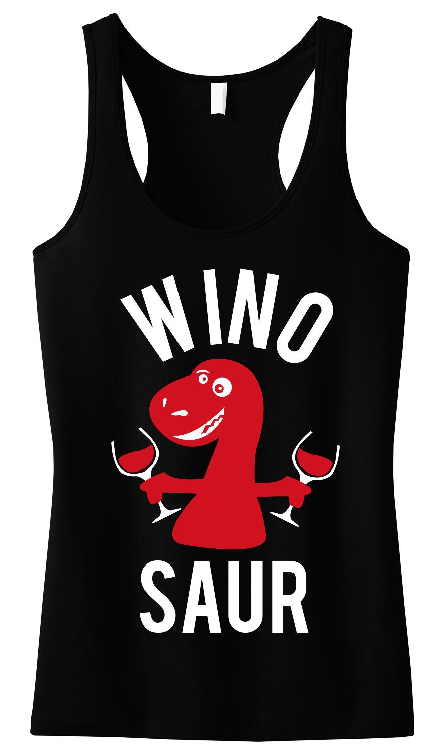 A black tank top featuring a playful Winosaur graphic, perfect for wine lovers.