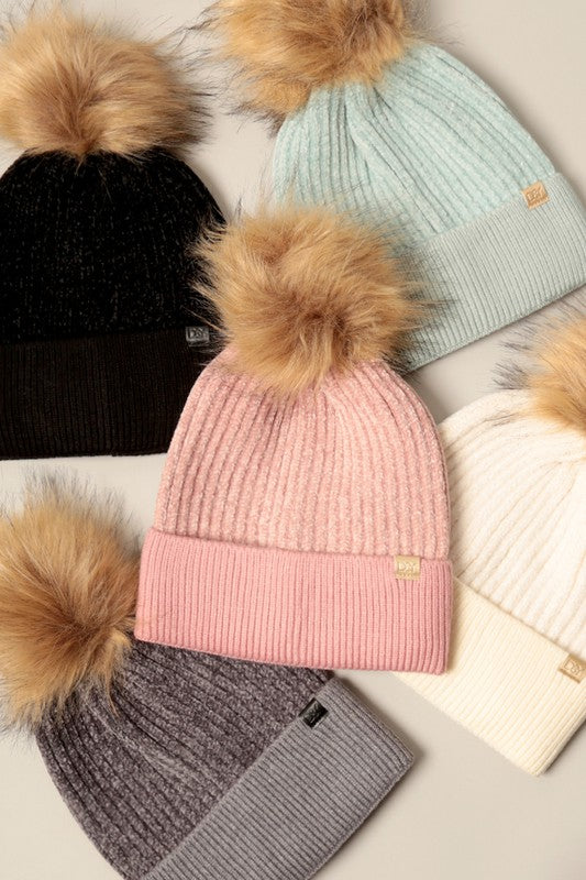 Winter Solid Chenille Cuff Beanie with Pom Pom, soft and warm, suitable for men and women, featuring a stylish pom pom on top.