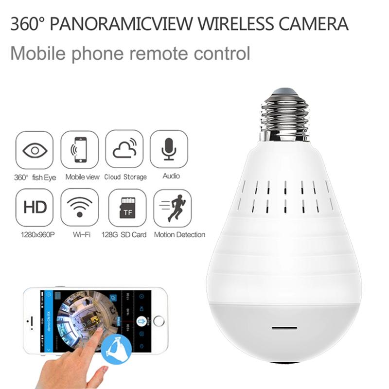 Wireless Panoramic VR Bulb Camera with fisheye lens, showcasing its sleek design and functionality as a light bulb and security camera.