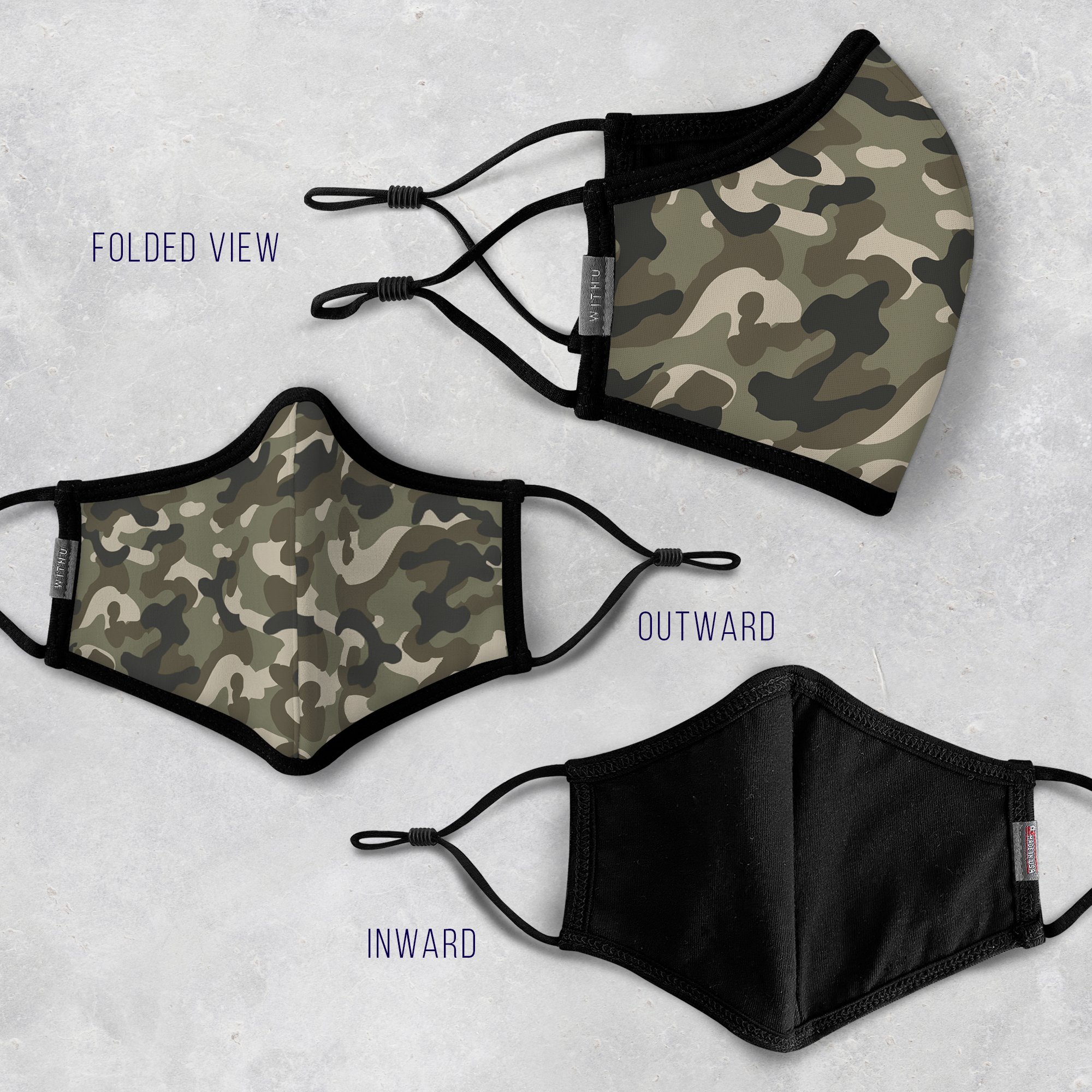 WITH U Washable Reusable Face Masks featuring a three-layer design, adjustable ear loops, and high-quality fabric, suitable for men and women.