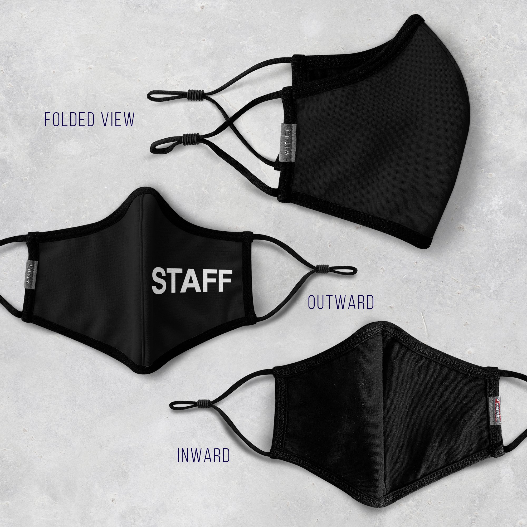 WITH U Washable Reusable Face Masks featuring a three-layer design, adjustable ear loops, and high-quality fabric, suitable for men and women.