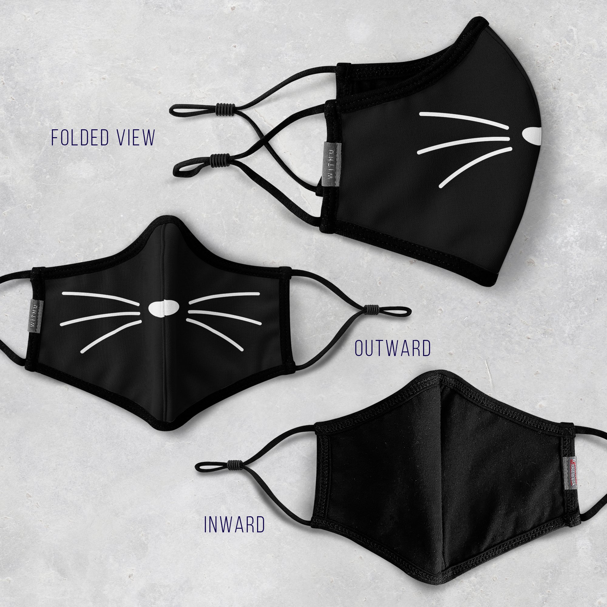 WITH U Washable Reusable Face Masks featuring a three-layer design with adjustable ear loops, made from high-quality polyester and cotton blend.