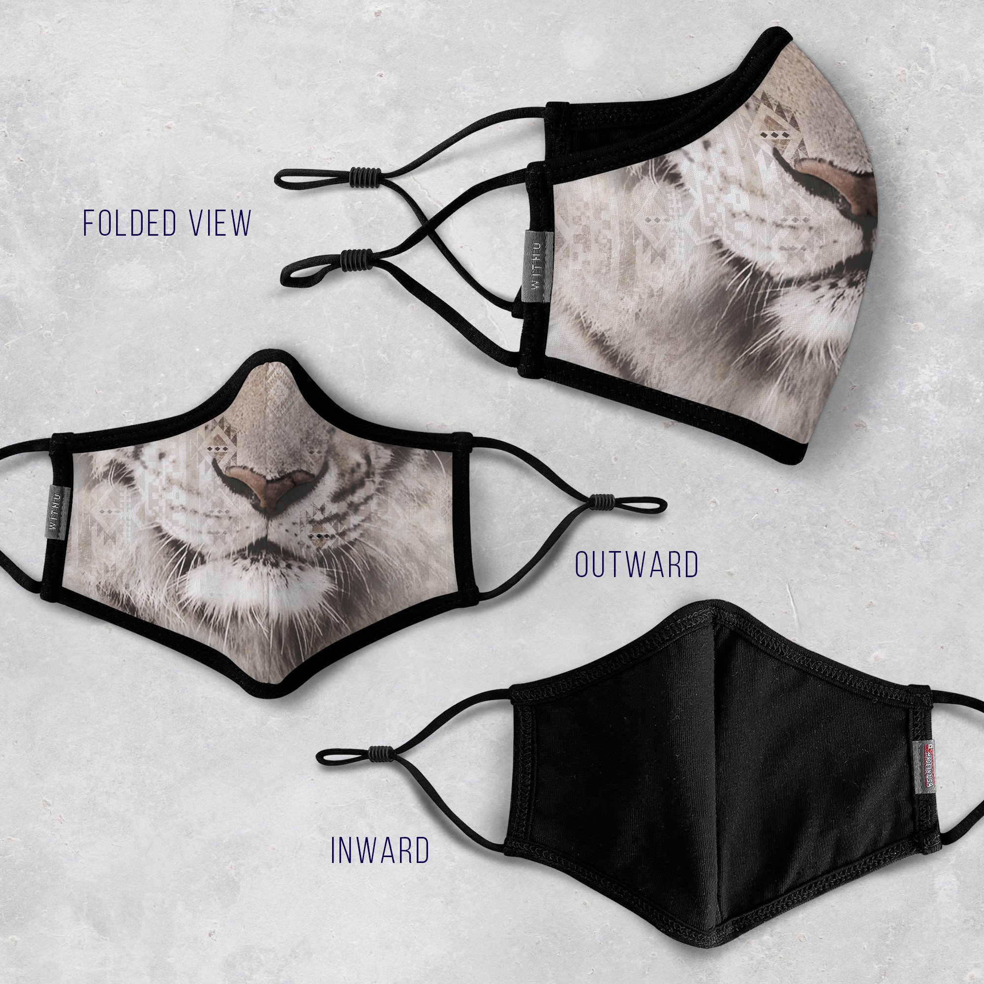 WITH U Washable Reusable Face Masks featuring a three-layer design, adjustable ear loops, and high-quality fabric, suitable for men and women.