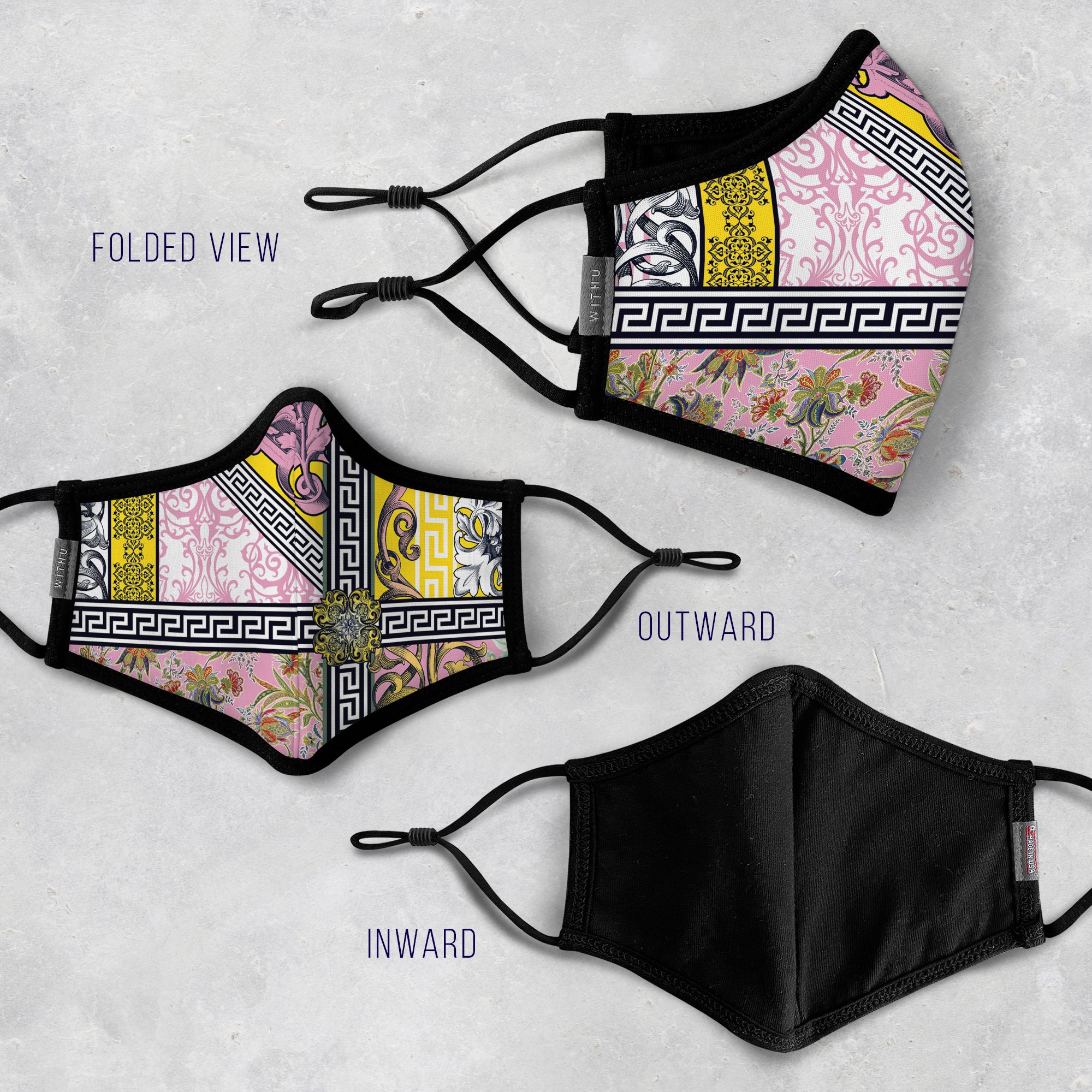 WITH U Washable Reusable Face Masks featuring a three-layer design with adjustable ear loops, made from high-quality polyester and cotton blend.