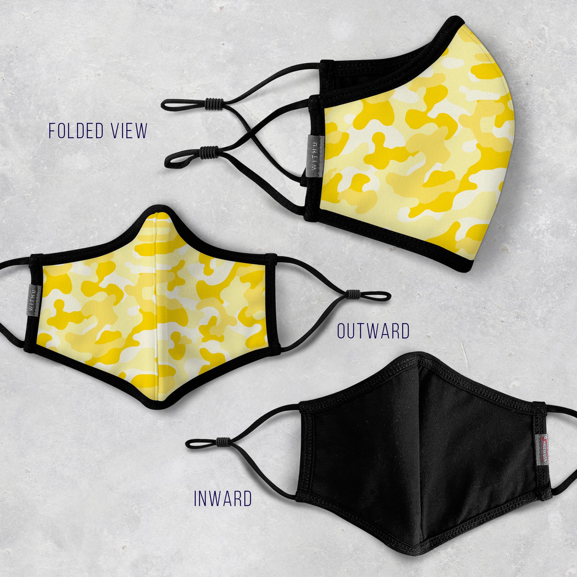 WITH U Washable Reusable Face Masks featuring a three-layer design with adjustable ear loops, made from high-quality polyester and cotton blend.