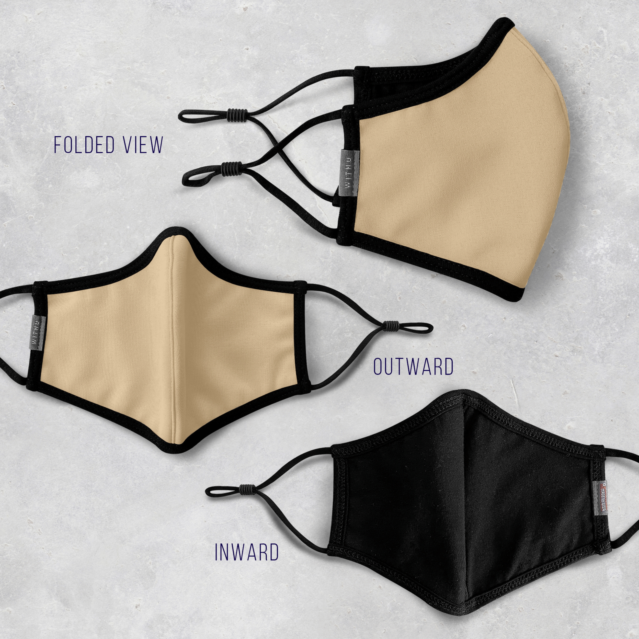 WITH U Washable Reusable Face Masks featuring a three-layer design with adjustable ear loops, made from high-quality polyester and cotton blend.